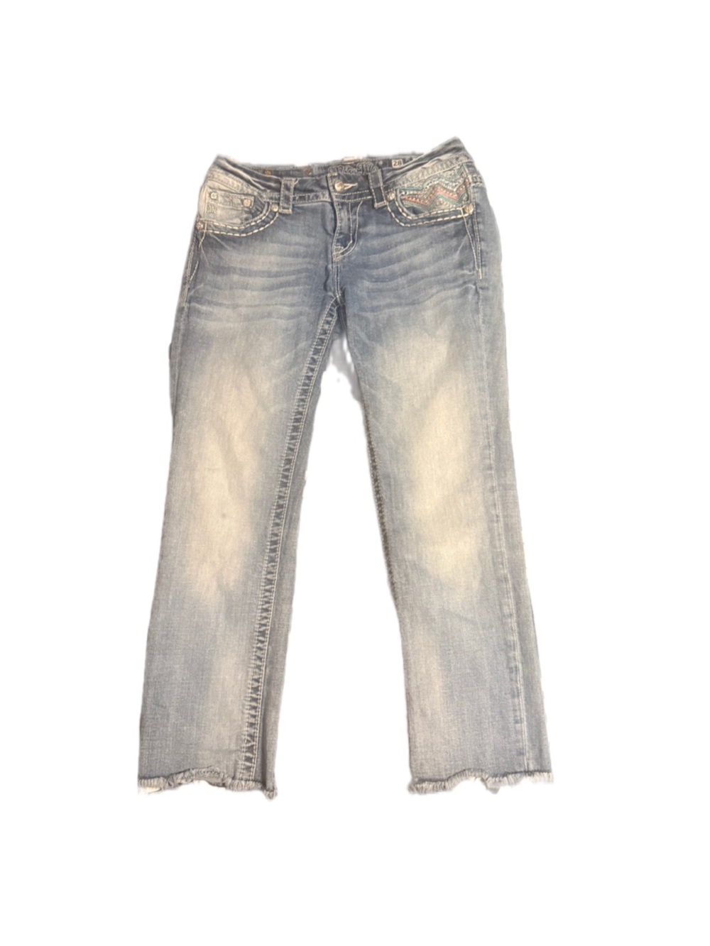 Miss Me Mid-Rise Easy Cropped blue denim jeans with frayed hem